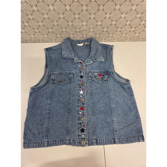 Christopher & Banks Denim Vest L Patriotic Stars Embroidered Pockets - Picture 1 of 7